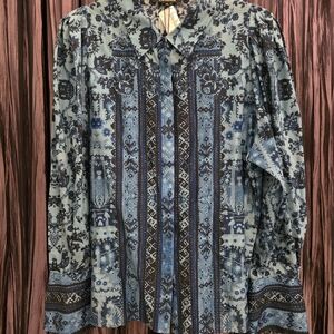 NWT.  Kobi Halperin Blue and Navy Printed Button-Front Blouse